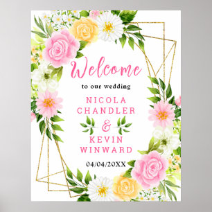 Sommerliche rosa und gelbe Blumen-Hochzeits-Willko Poster
