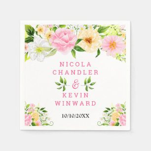 Sommerliche rosa und gelbe Blumen und Blätter Serviette