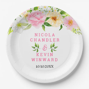 Sommerliche rosa und gelbe Blumen und Laub Hochzei Pappteller