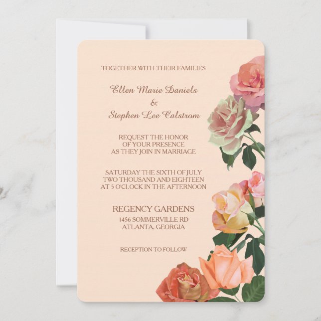 Sommerliche Rose auf Peach Wedding Einladung (Vorderseite)