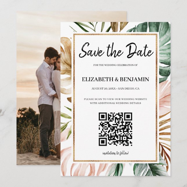 Sommerliche Tropenblätter QR-Code Foto Save The Da Date (Vorne/Hinten)