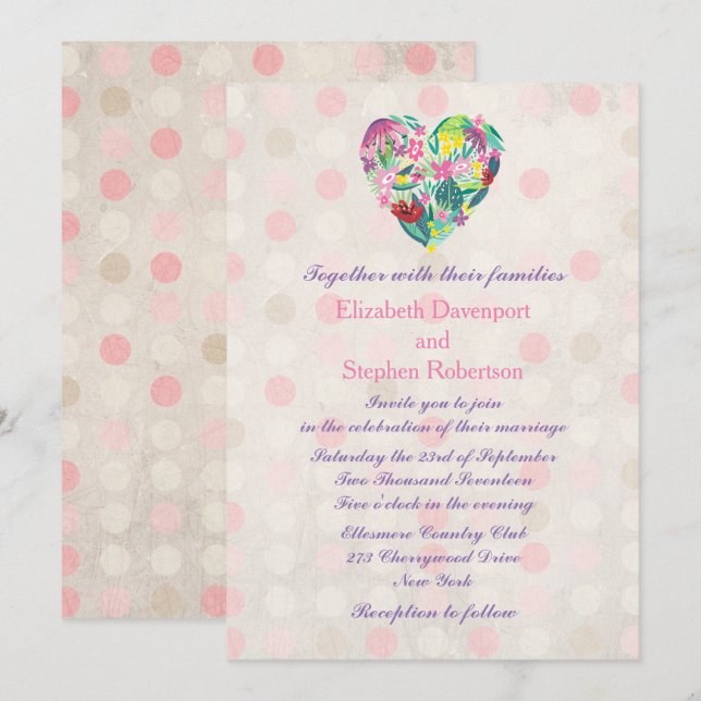 Sommerliches Herz in Rosa und Grün Einladung (Vorne/Hinten)