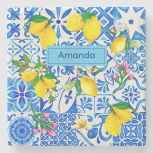 Sommermajolika blau sizilianische Zitrusfrüchte Mi Steinuntersetzer