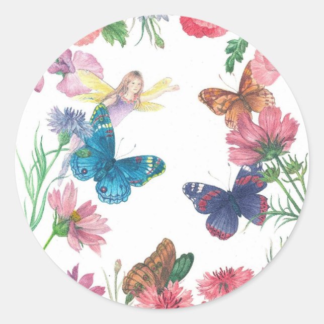 Sommermärchen illustrierter blumenreicher individu runder aufkleber (Vorderseite)