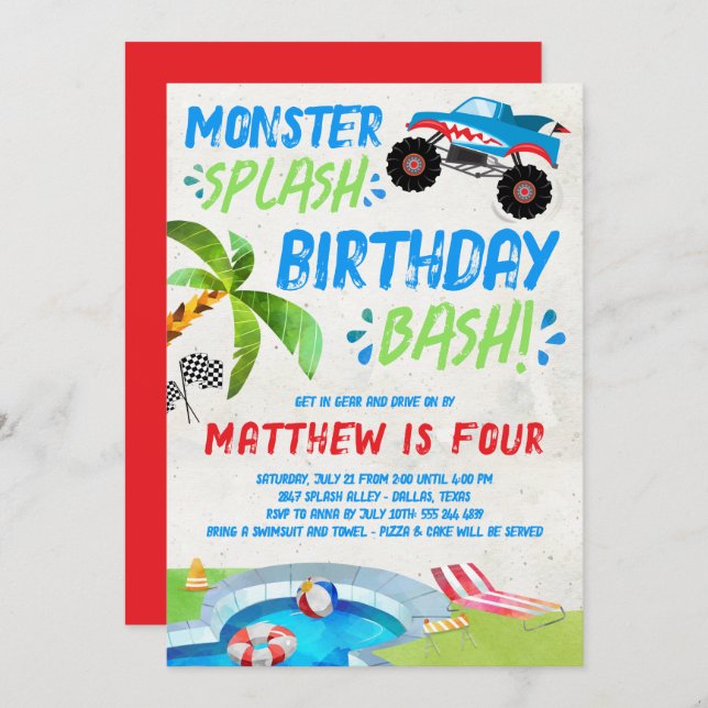 Sommermonster Truck Geburtstagsparty Einladung (Vorne/Hinten)