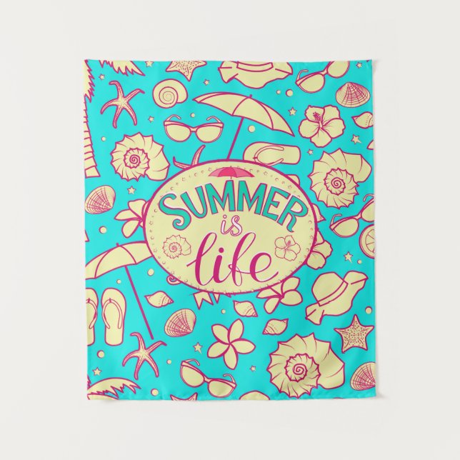 Sommermuster auf türkisfarbenem Hintergrund: Schir Wandteppich (Vorderseite)