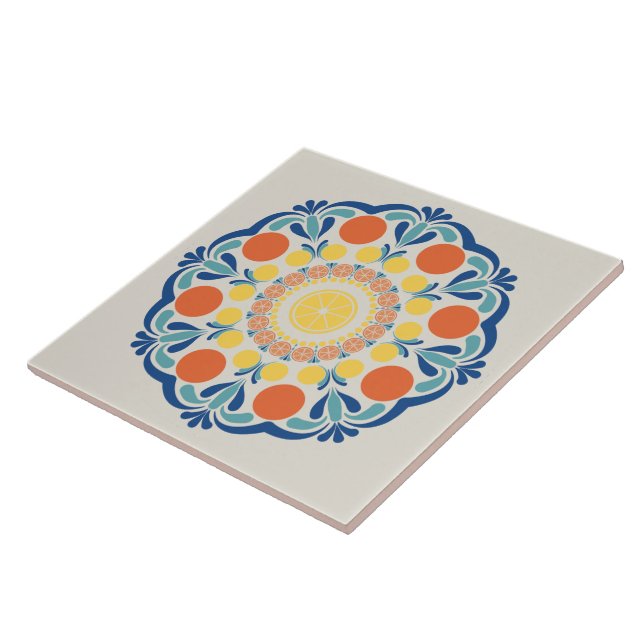 Sommerorangen und Zitronen Dot Mandala Fliese (Seite)
