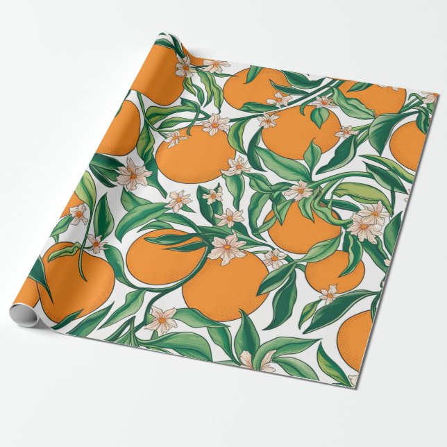 Sommerorangen Zitrusfrüchte Blumenmuster Geschenkpapier (Ungerollt)