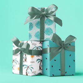 Sommerpalmen pastellblaues Set von 3 Geschenkpapier Set