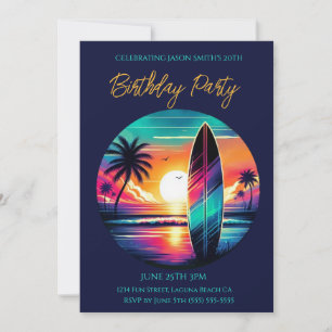 Sommerparty-Sonnenuntergang-Surfbrett-Vibes- Einladung