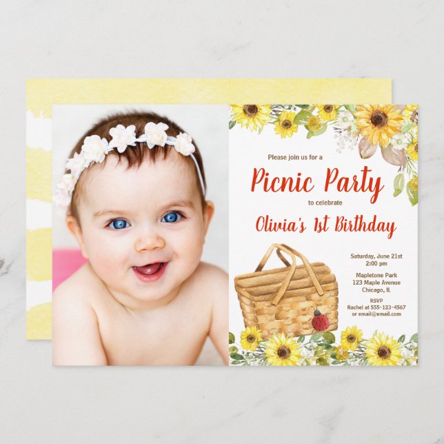 Sommerpicknick im Park Sonnenblumen Foto Einladung (Vorne/Hinten)