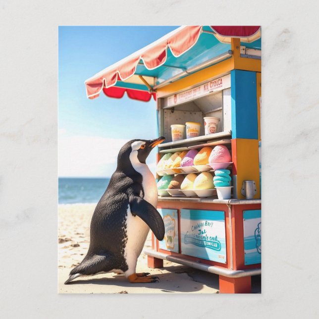Sommerpinguin bei Eisdiele Postkarte (Vorderseite)