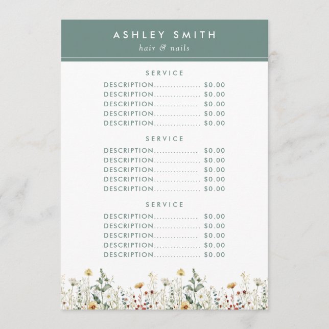 Sommerpreise für Wildblumen Menükarte (Vorderseite)