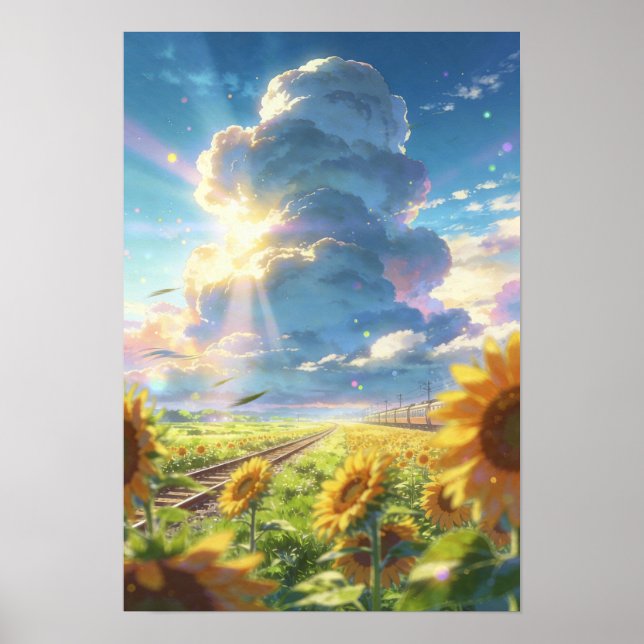 Sommerreise Sonnenblumen und der Sky Express Poster (Vorne)