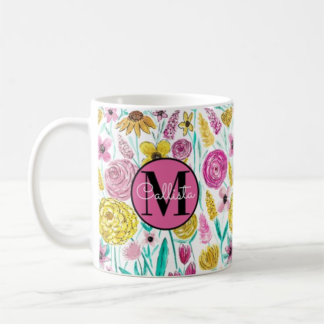 Sommerrosa Gelbe Blumen Wasserfarbenmonogramm Kaffeetasse (Links)