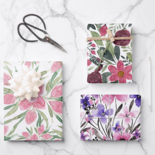 Sommerrosa grüne Wasserfarbe Blühende Blume Geschenkpapier Set