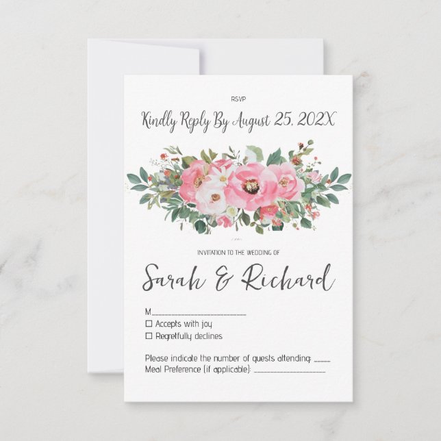 Sommerrosa Hochzeit mit floralen Wasserfarben RSVP Karte (Vorderseite)