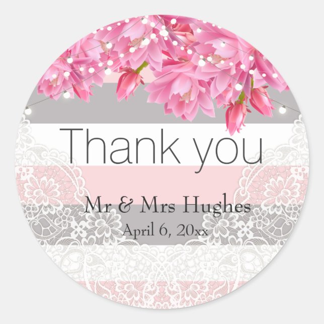 Sommerrosa und graue Streifen Blumenstrauß Hochzei Runder Aufkleber (Vorderseite)