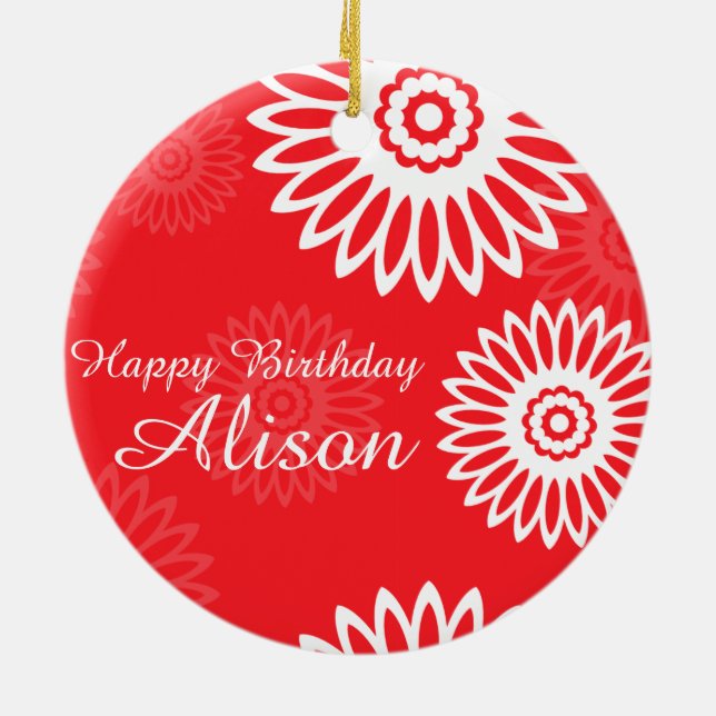 Sommerrote Blume Glückwunsch Geburtstagsbezeichnun Keramikornament (Hinten)