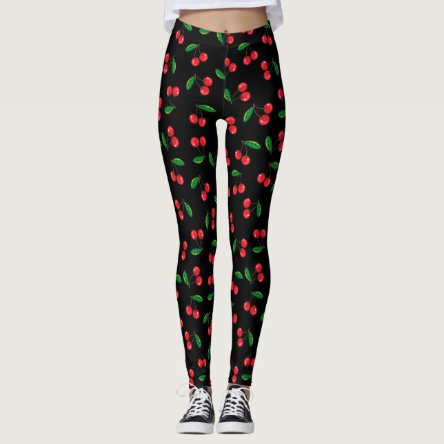 Sommerrote Kirschen auf Schwarzfrucht Gemustert Leggings (Vorderseite)