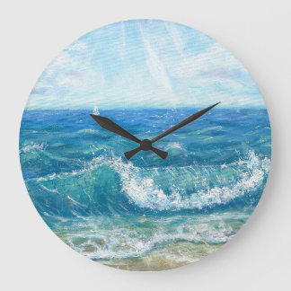 Sommersaison, blaue Wellen, Acrylmalerei. Große Wanduhr