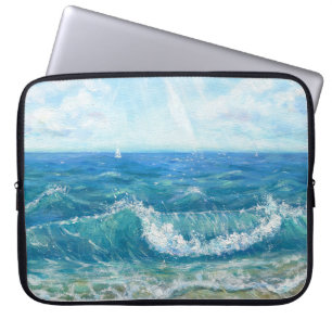 Sommersaison, blaue Wellen, Acrylmalerei. Laptopschutzhülle