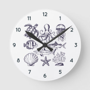 Sommerschildkröte Fischhaie Oktopus Seashell Runde Wanduhr