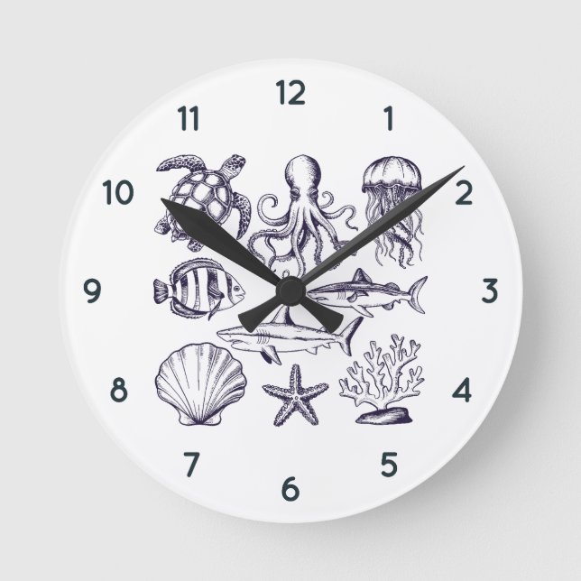 Sommerschildkröte Fischhaie Oktopus Seashell Runde Wanduhr (Vorderseite)
