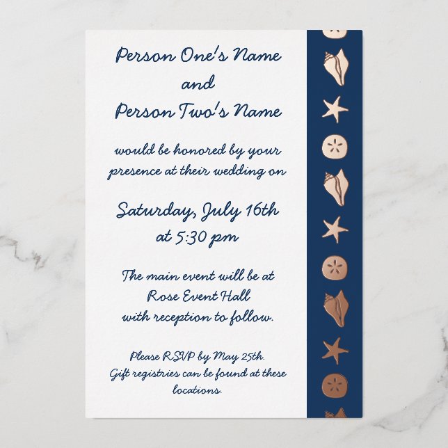 Sommerseashells in Navy Foil Einladung (Vorderseite)