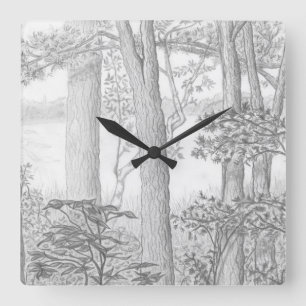 Sommersee mit Holz-Graphitstift Zeichnend Quadratische Wanduhr