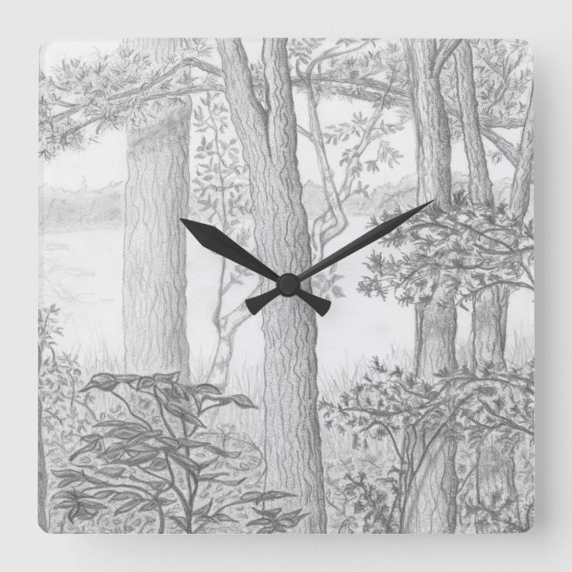 Sommersee mit Holz-Graphitstift Zeichnend Quadratische Wanduhr (Vorderseite)