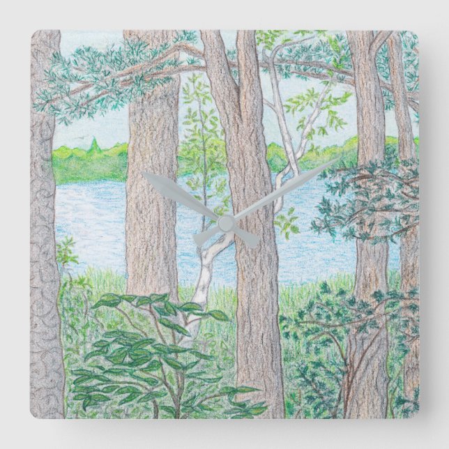 Sommersee mit holzfarbenem Bleistift Zeichnend Große Wanduhr (Vorderseite)