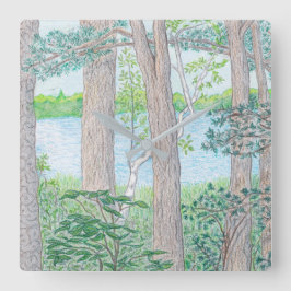 Sommersee mit holzfarbenem Bleistift Zeichnend Große Wanduhr