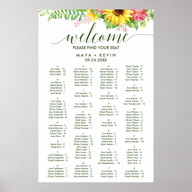 Sommersonnenblume Alphabetischer Sitzplan Poster (Vorne)