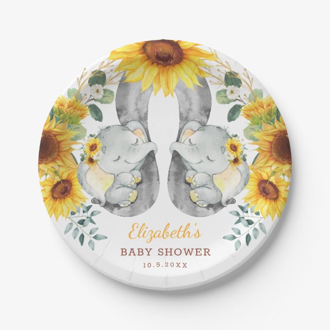 Sommersonnenblume Elefant Twins Jungle Babydusche Pappteller (Vorderseite)