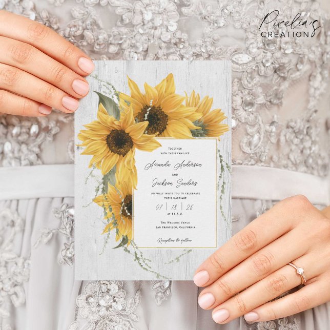 Sommersonnenblume, rustikale Scheunenhochzeit Einladung (Rustic, watercolor sunflower themed, Wedding invitation for country, barn wedding on summer or fall)