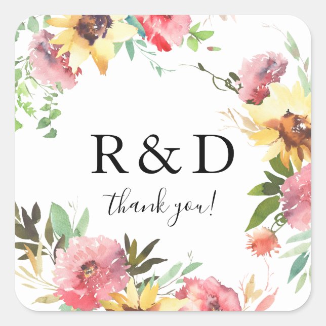 Sommersonnenblumenmonogramm Quadratischer Aufkleber (Vorderseite)