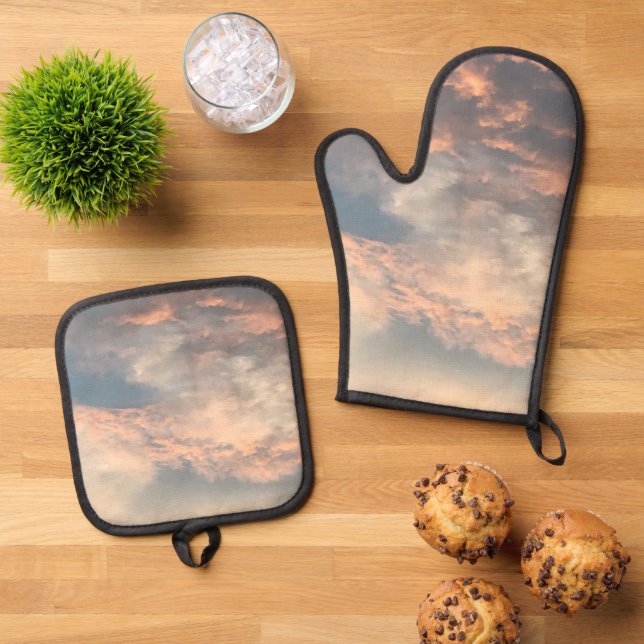 Sommersonnenuntergang Himmel blau, staubige rosa,  Ofenhandschuh & Topflappen-Set (Oben Unten)