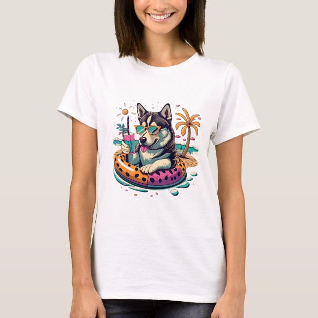 Sommerspass mit Niedlichem Coolen Husky Dog im Poo T-Shirt (Vorderseite)