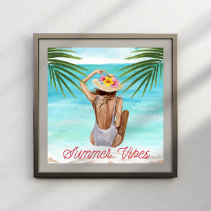 Sommerstimmung Wasserfarbe Strand Frau Tropisch Poster