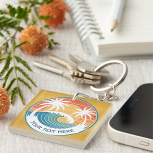 Sommerstrand I Retro-Sonnenuntergang-Surf und Palm Schlüsselanhänger