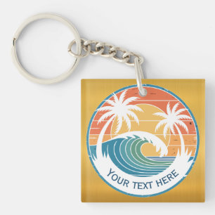 Sommerstrand I Retro-Sonnenuntergang-Surf und Palm Schlüsselanhänger
