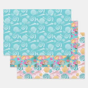 Sommerstrand Rosa Türkis Gelbe Muscheln Flamingos Geschenkpapier Set