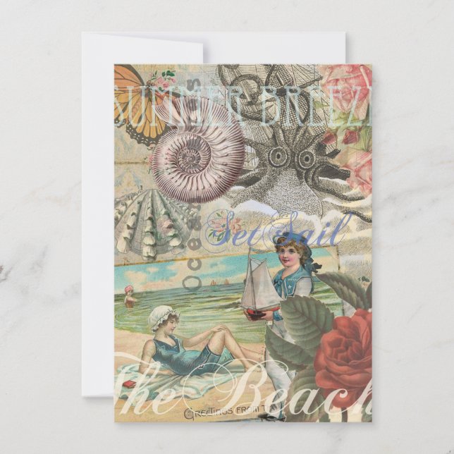 Sommerstrand Vintager Oktopus antikes Segeln Einladung (Vorderseite)