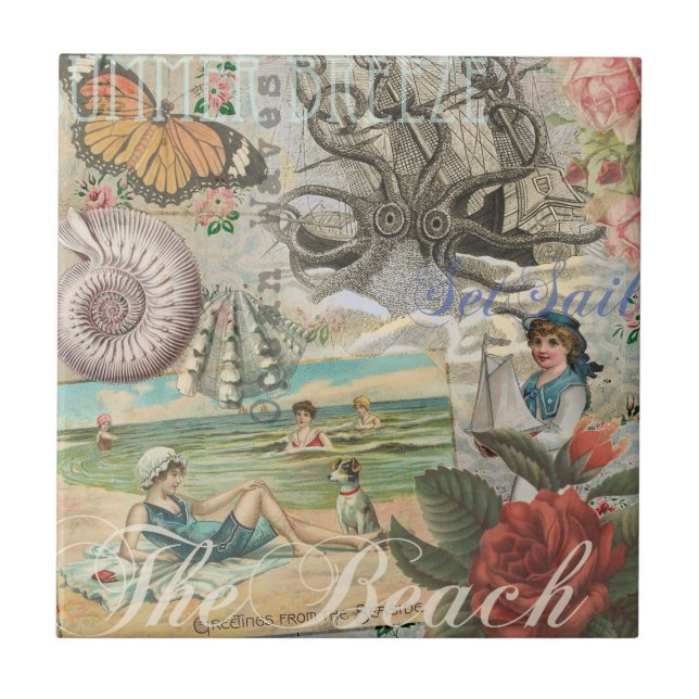 Sommerstrand Vintager Oktopus antikes Segeln Fliese (Vorderseite)