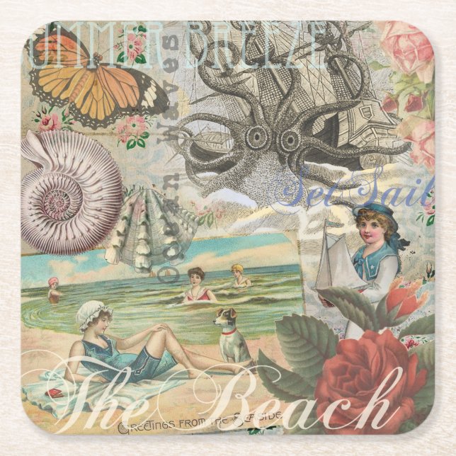 Sommerstrand Vintager Oktopus antikes Segeln Rechteckiger Pappuntersetzer (Vorderseite)