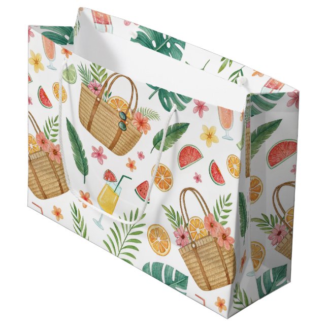 SOMMERSTRANDKORB FRÜCHTE UND BLUMEN GROßE GESCHENKTÜTE (Vorderseite Schrägansicht)