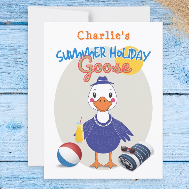Sommerurlaub Albern Gänse Niedlicher Cartoon Retro Postkarte (A colorful postcard in retro style, featuring a 'Summer Holiday Goose' ready for its beach vacation)