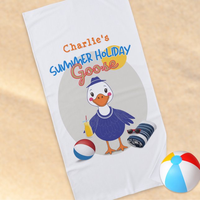 Sommerurlaub Gänse Niedlich Personalisiert Strandtuch (A fun, colorful beach towel with summer holiday goose design, personalized with a name)