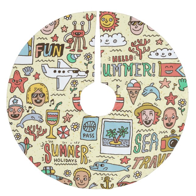 Sommerurlaub Reisen Doodle Set Polyester Weihnachtsbaumdecke (Vorderseite)